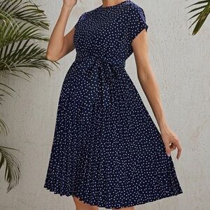 SHEIN Blue and White Smocked Midi Dress with Dolman Sleeves